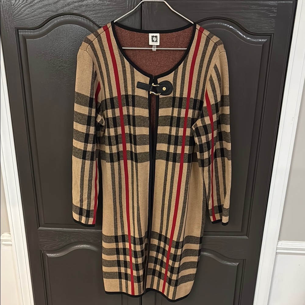 Anne Klein Tan Black and Red Plaid Long Sleeve Cardigan Size Large NWOT